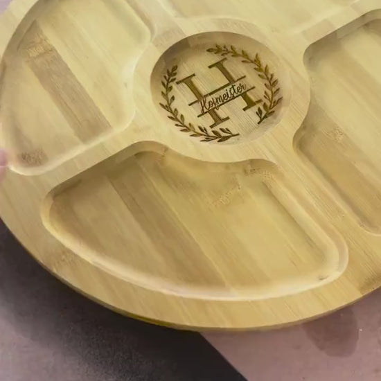 Engraved Bamboo Snack Tray with Lid | Personalized Serving Tray | Monogram Charcuterie Dish | Wedding or Housewarming Gift