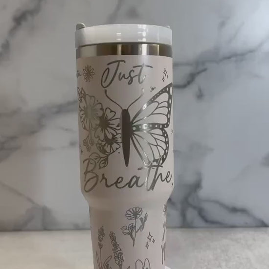 Just Breathe Floral Engraved Tumbler | 40 Ounce Tumbler | Inspirational Quote Engraved Tumbler | Mothers Day Gift | Mama Gift | New Mom Gift