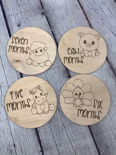 Baby Farm Animal Monthly Milestone Photo Discs I Engraved Monthly Milestone I Baby Milestone Cards I Monthly Photo Props I Baby Gift