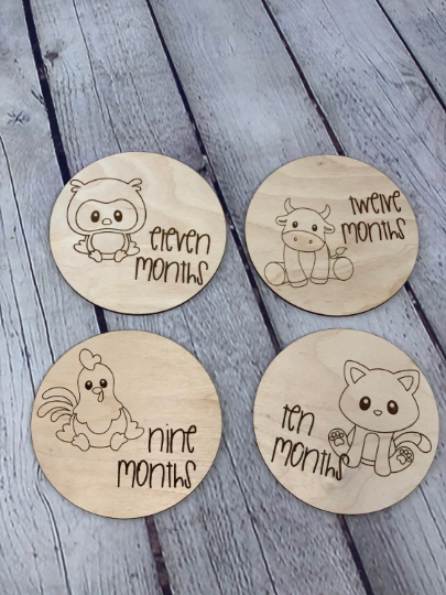 Baby Farm Animal Monthly Milestone Photo Discs I Engraved Monthly Milestone I Baby Milestone Cards I Monthly Photo Props I Baby Gift