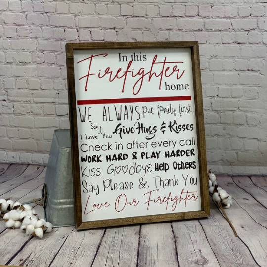 In This Firefighter Home | Farmhouse Sign | Firefighter Gift | Firefighter Decor | Fireman Sign | Gifts for Him| Thin Red Line Sign