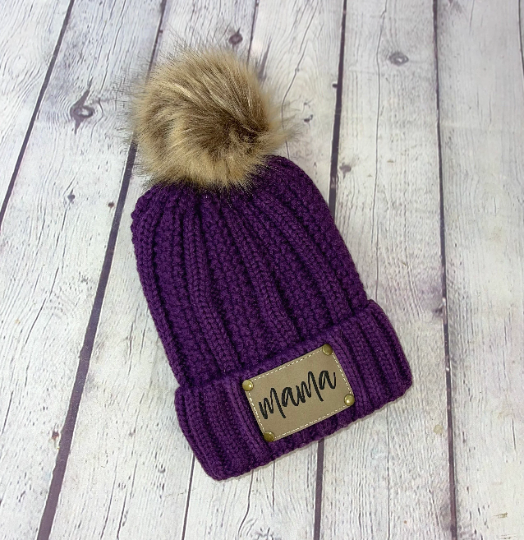 Purple Personalized Leather Patch Stocking Hat I Leather Patch Beanie I Leather Patch Ladies Winter Hat I Personalized Hat Light Brown Black Stay