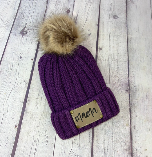 Purple Personalized Leather Patch Stocking Hat I Leather Patch Beanie I Leather Patch Ladies Winter Hat I Personalized Hat