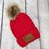 Red Personalized Leather Patch Stocking Hat I Leather Patch Beanie I Leather Patch Ladies Winter Hat I Personalized Hat