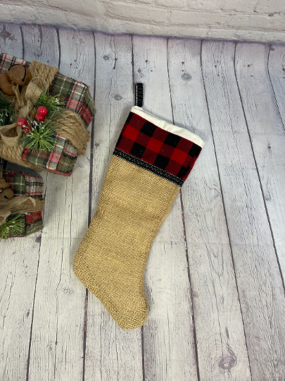 Burlap Christmas Stocking  | White Muslin Christmas Stocking | Rustic Christmas Decor | Buffalo Plaid Christmas Stockings | Christmas Mantel