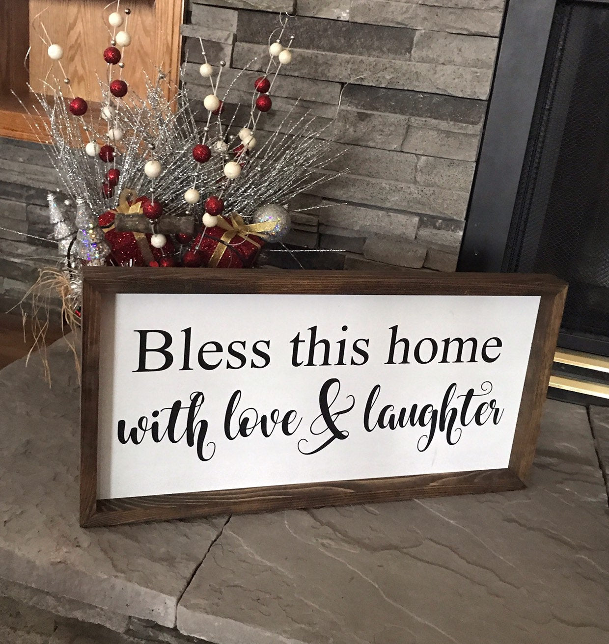 Bless This Home With Love & Laughter Sign | Farmhouse Sign