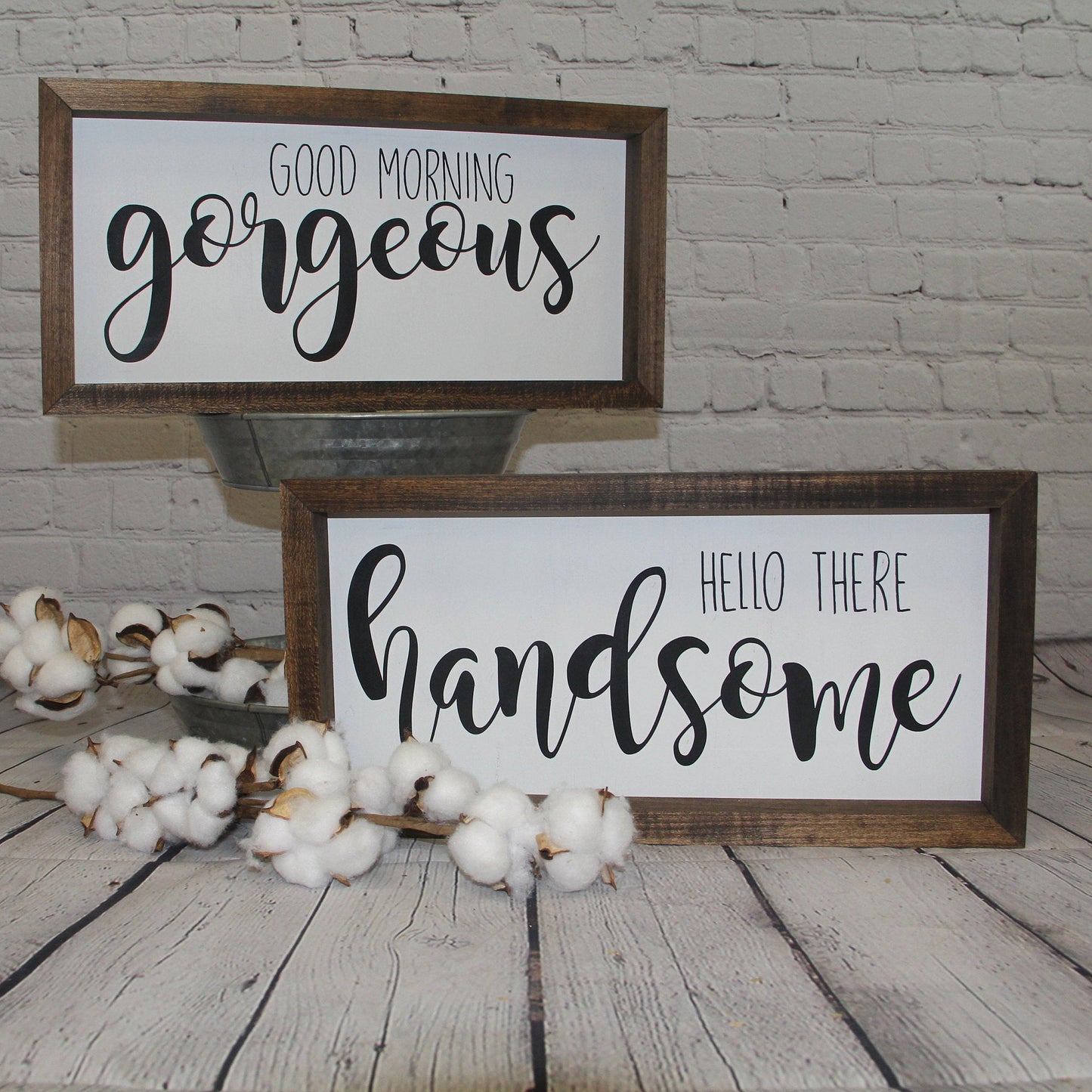 Good Morning Gorgeous Hello There Handsome Farmhouse Set of 2 Signs | Bathroom Decor | Duo Sign Set